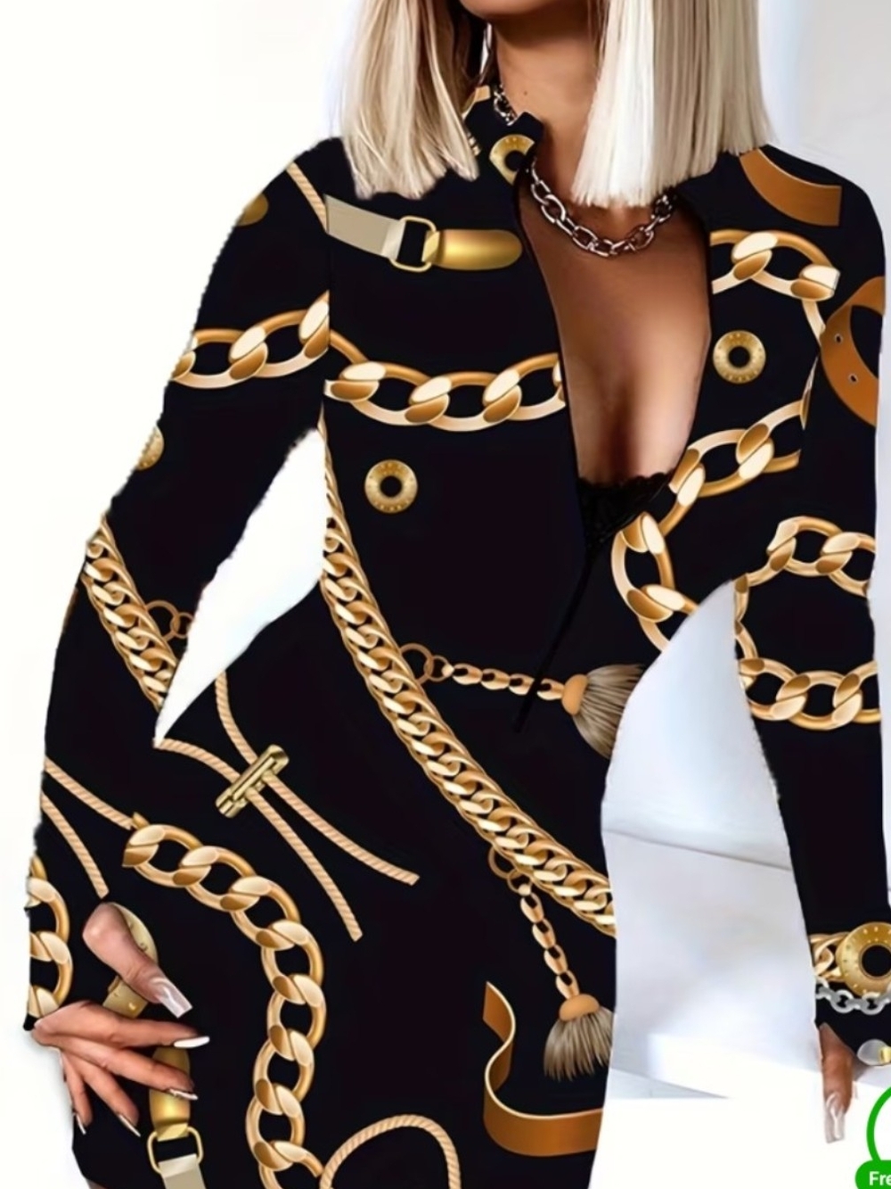 Black & Gold Chain-Print Bodycon Dress